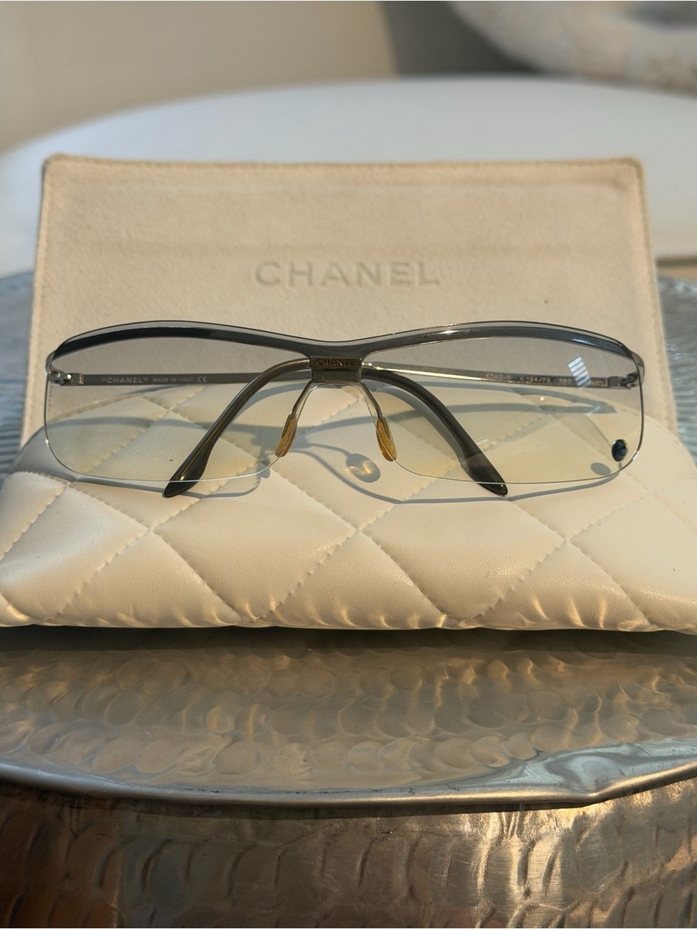 Vintage CHANEL Rimless Sunglasses in Gray Gradient with Silver Accents